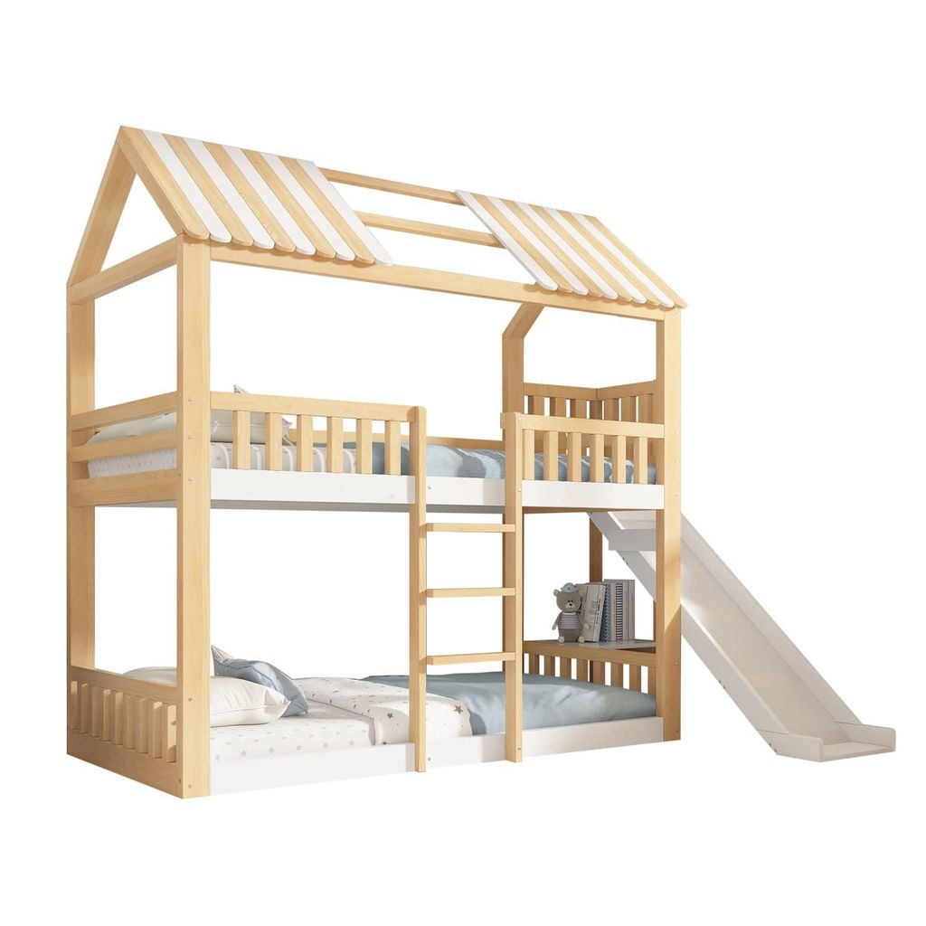 Etagenbett Kinder 90x200 mit Giebeldach Weiß&Natur, Hausbett Hochbett mit Regal und 35 cm Rutsche, sicherer Aufstieg,ideal für Familien mit 2 Kin...