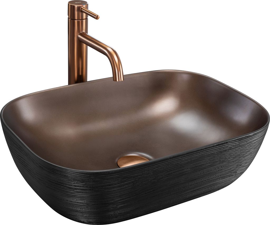 A modern vessel sink with a copper faucet, set against a white background.