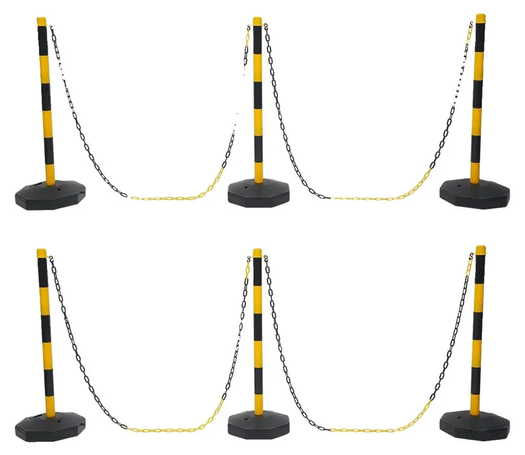 Barrière de balisage pour parking et entrepôt, 6 poteaux avec chaîne