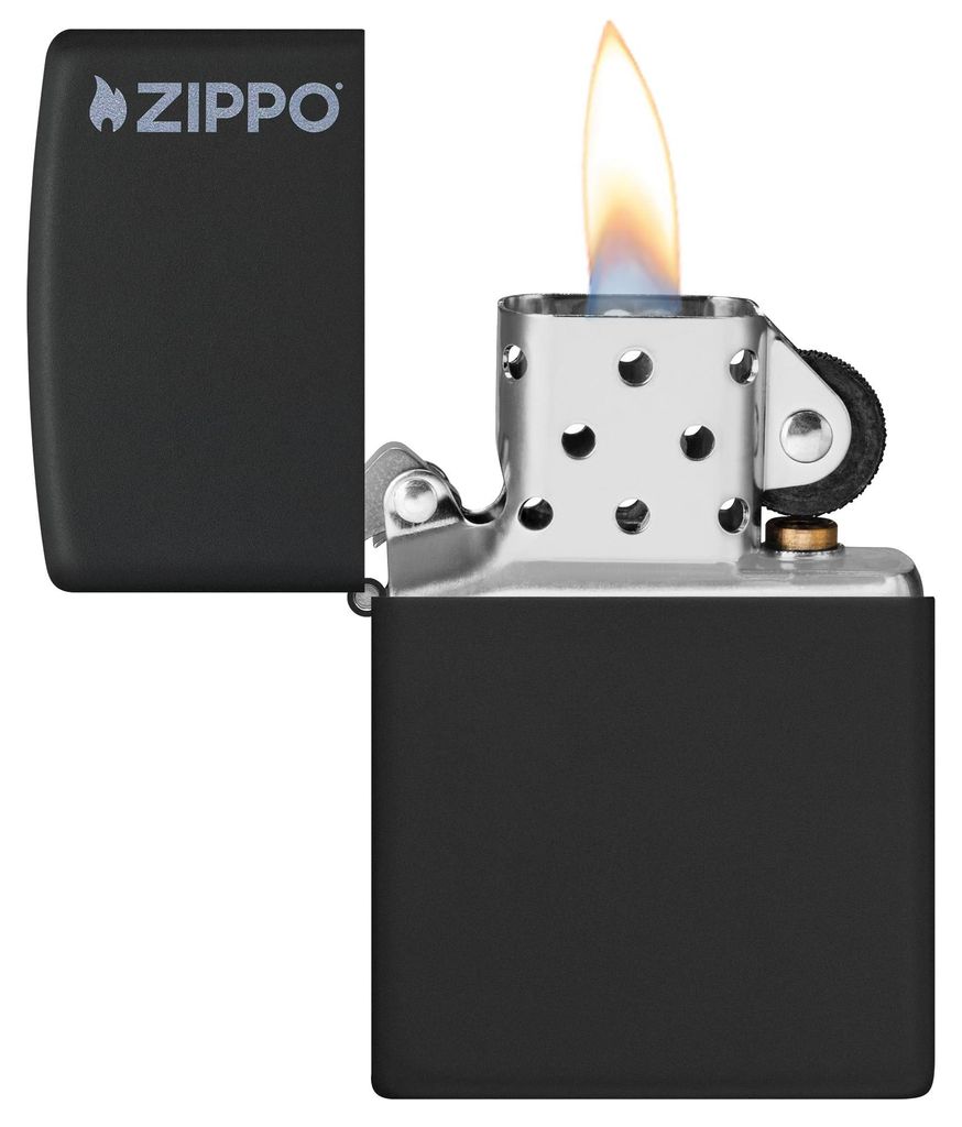 Zippo aansteker, zwart, mat, met logo. Modelnummer: Productafbeelding 