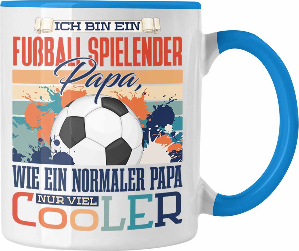 Trendation - Fußball Papa Tasse Geschenk Vater Geschenkidee zum Vatertag Hobby Fussball Spielender Papa Spruch Lustig (Blau)
