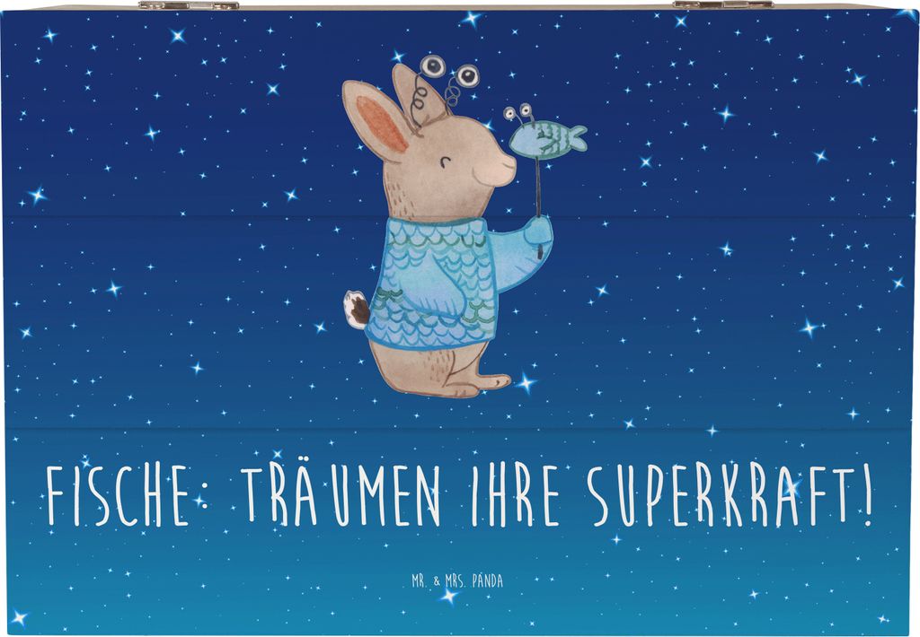 Mr. & Mrs. Panda Holzkiste Fische Kraft 22 x 15 cm - Sternenhimmel Blau - Geschenk, Geschenke Sternzeichen, geschenkkiste, sensibel, Geschenkbox, T...