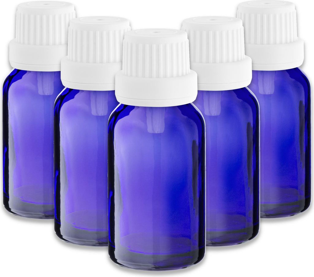 5x Blaue Glasflasche 15 ml mit weißem Tropfeinsatz – Kosmetikflasche