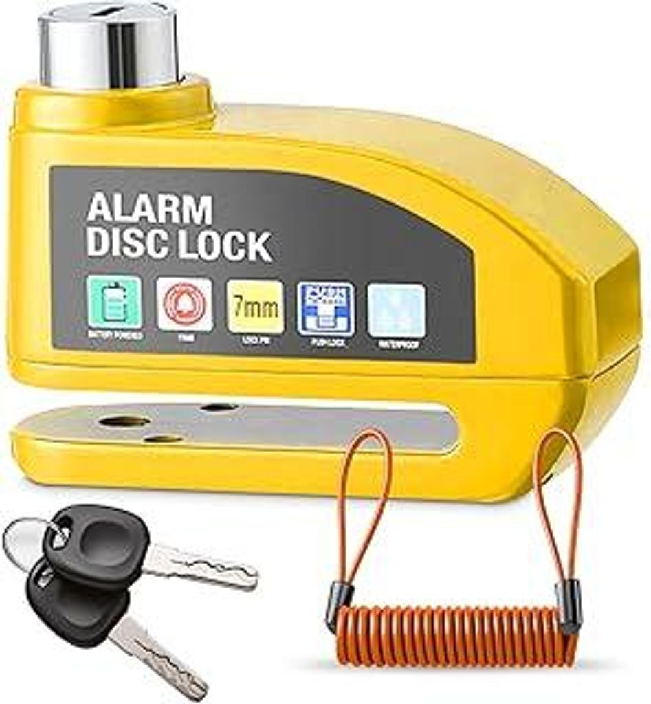 Motorrad Bremsscheibenschloss mit 120 dB Alarm – Wasserdichtes Disc Lock aus gehärtetem Stahl inkl. Erinnerungskabel & 2 Schlüssel – Anti-Die...