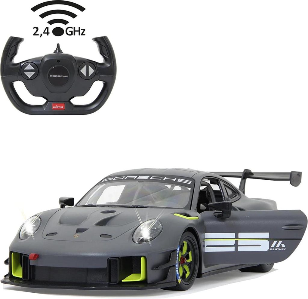 A remote-controlled Porsche 911 GT2 RS Clubsport 25 car and its steering wheel remote control.