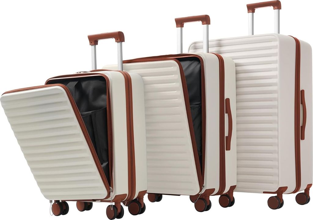 3tlg. Hartschalenkofferset, Gepäckset, Rollkoffer, Front-Öffnungs-Design, Klappbare Getränkehalter, TSA-Schloss, 360°-Rollen, M-L-XL Reisekoffe...