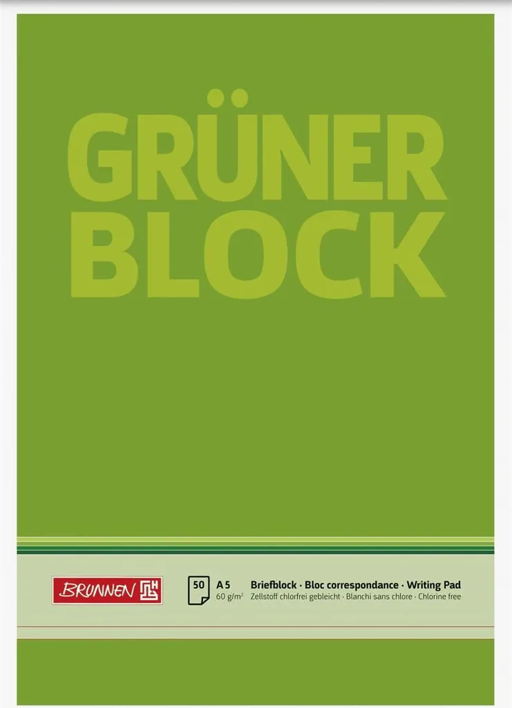 Lot de 10 Blocs de Papier Lettres A5 Verts sans Lignes BRUNNEN 60g