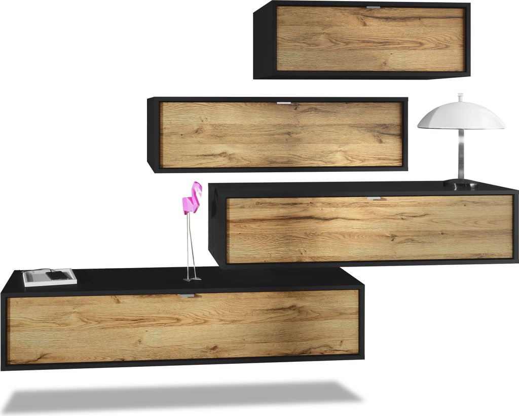Vladon Wohnwand Lana V3 Anbauwand aus 4 Hängeelementen mit 10 Fächern, Germany, Korpus in Schwarz matt, Fronten in Eiche Natur | Große Farbauswahl