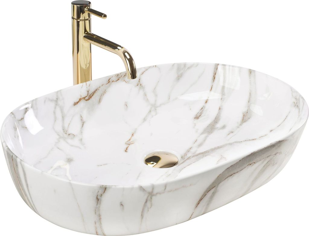 A white oval countertop sink with a marble pattern and a gold faucet.