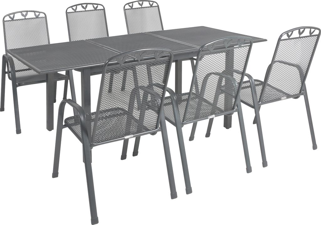 A gray metal garden table and chairs set on a white background.