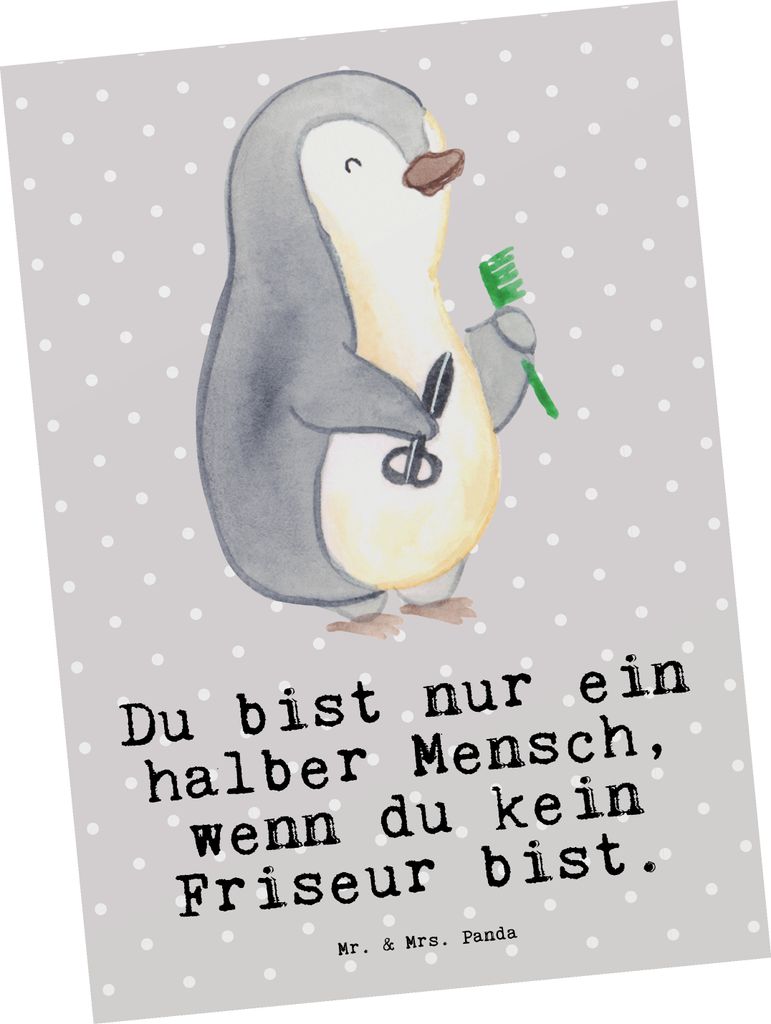 Mr. & Mrs. Panda Postkarte Friseur Herz - Grau Pastell - Geschenk, Grußkarte, Barbier, Ansichtskarten, Fotokarte, Friseursalon, einzelkarte, Coiff...