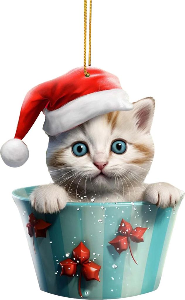 Weihnachtsanhänger, 2D-Acrylkatze auf einer Tasse, Hängedekoration mit Umhängeband, Weihnachtsdekoration