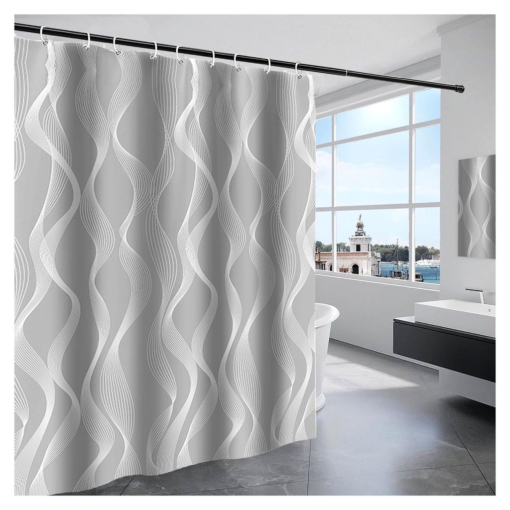 Duschvorhang Waschbar Textil Polyester Stoff Bad Vorhang mit 12 Ringen Wasserdicht für Dusche und Badewanne 180 x 200 cm Grau