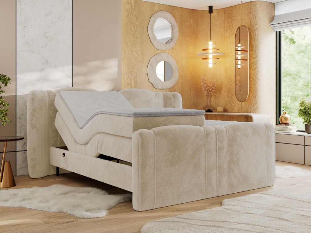 MKS MEBLE Boxspringbett mit motor FORTINA 180x200 cm elektrisch verstellbar 7-Zonen Multipocket Matratze Bettkasten Polsterbett - Creme Plüsch - H3
