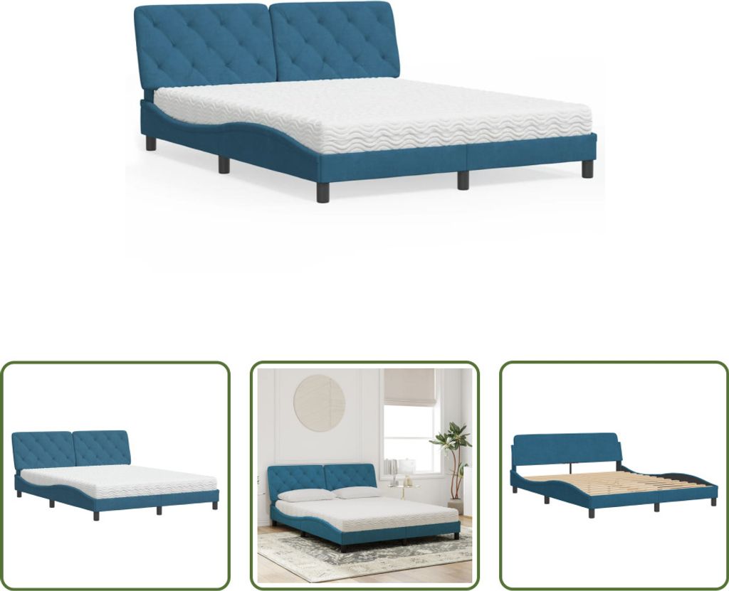 The Living Store Bett mit Matratze Blau 160x200 cm Samt