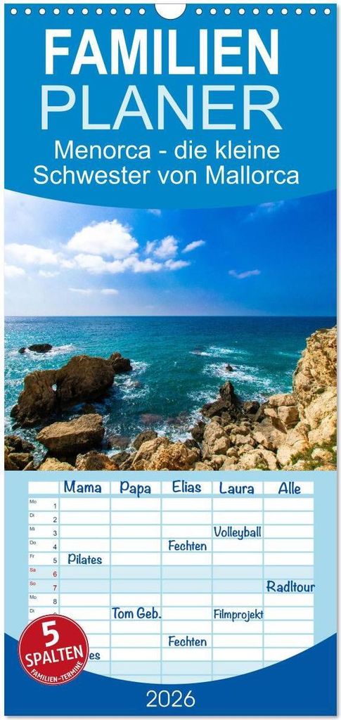 Familienplaner 2026 - Menorca - die kleine Schwester von Mallorca mit 5 Spalten (Wandkalender, 21 x 45 cm) CALVENDO