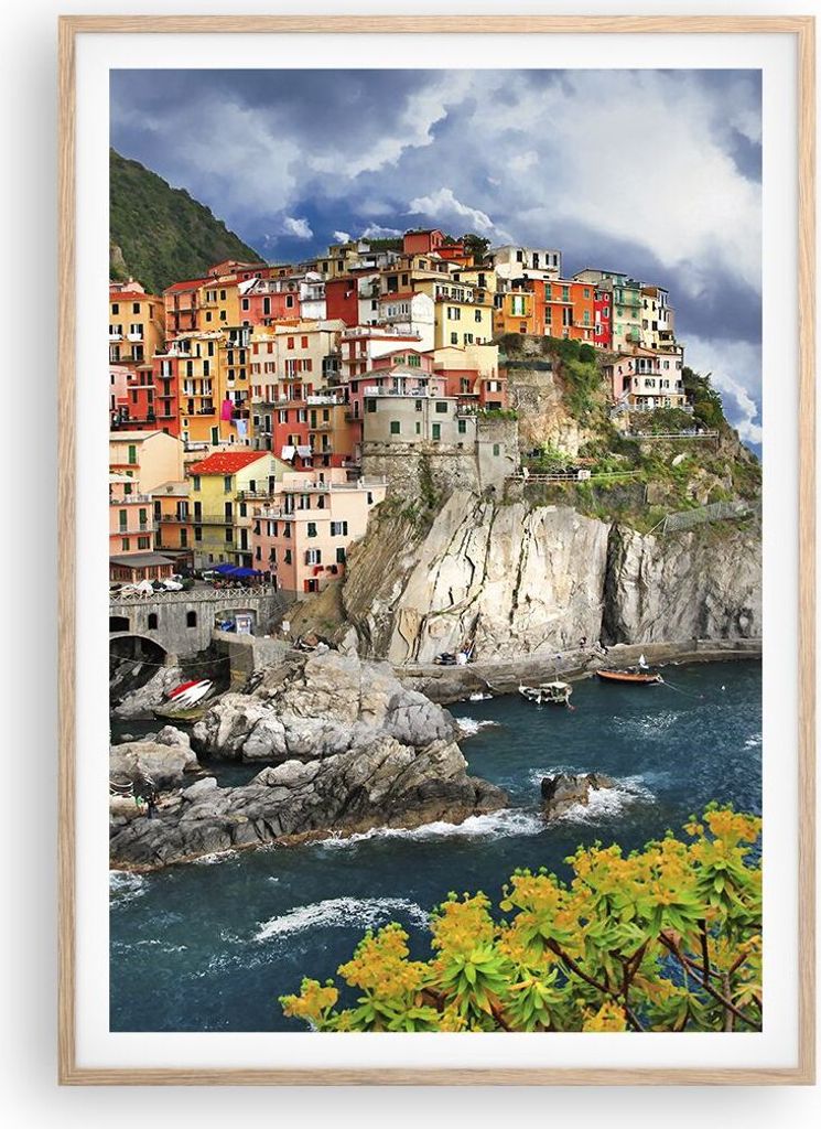 Gerahmtes Poster - Rahmen in heller Eiche - Italien küste felsen landschaft - 70x100 cm - Wand Bild - Wanddeko - Wandbilder - Wandposter - Bilderr...