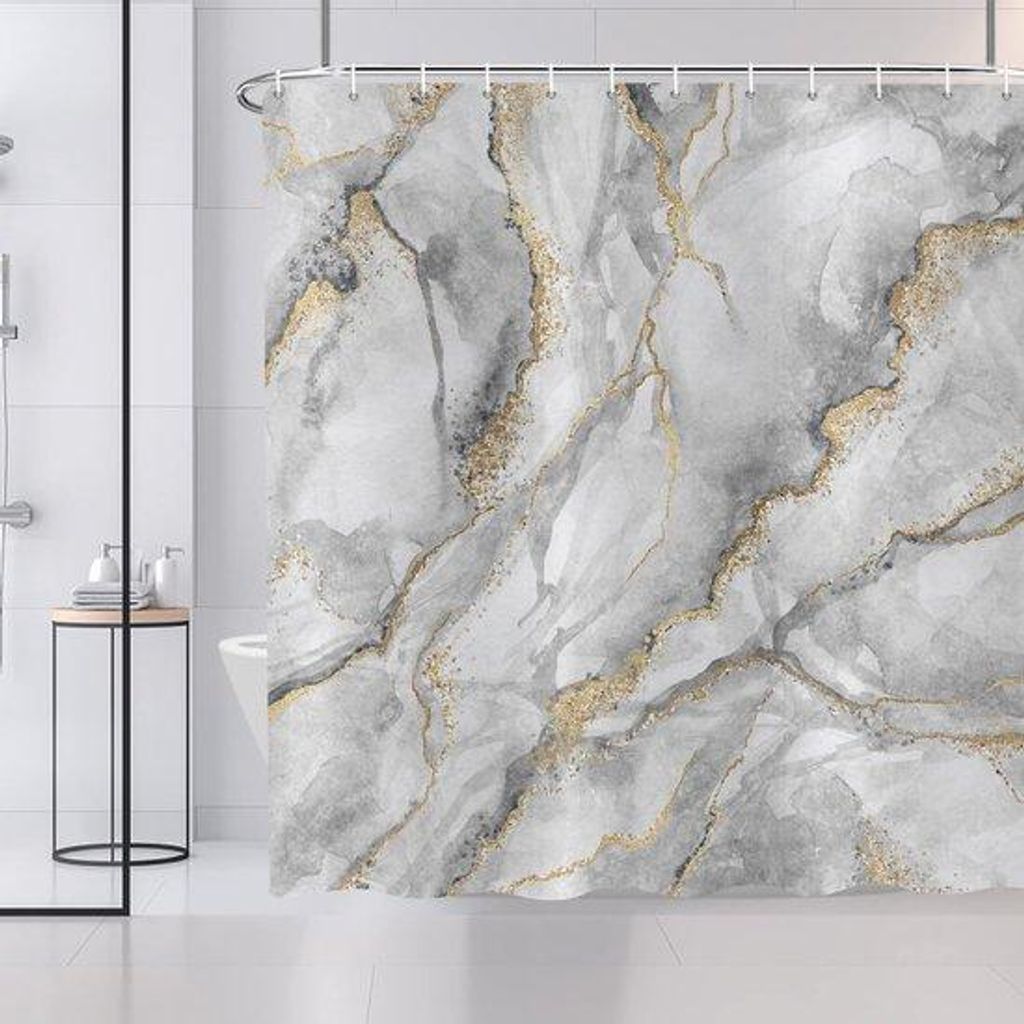Unyqoos stilvoller Marmor-Duschvorhang mit abstraktem Design in Grau, Weiß und Gold, 180 x 200 cm