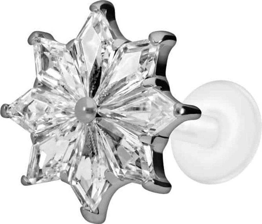 Ohrpiercing, Nasenpiercing PTFE Labret mit Innengewinde + Titan-Aufsatz KRISTALLSTERN Silber Stablänge: 7mm | Stabstärke: 1,2mm