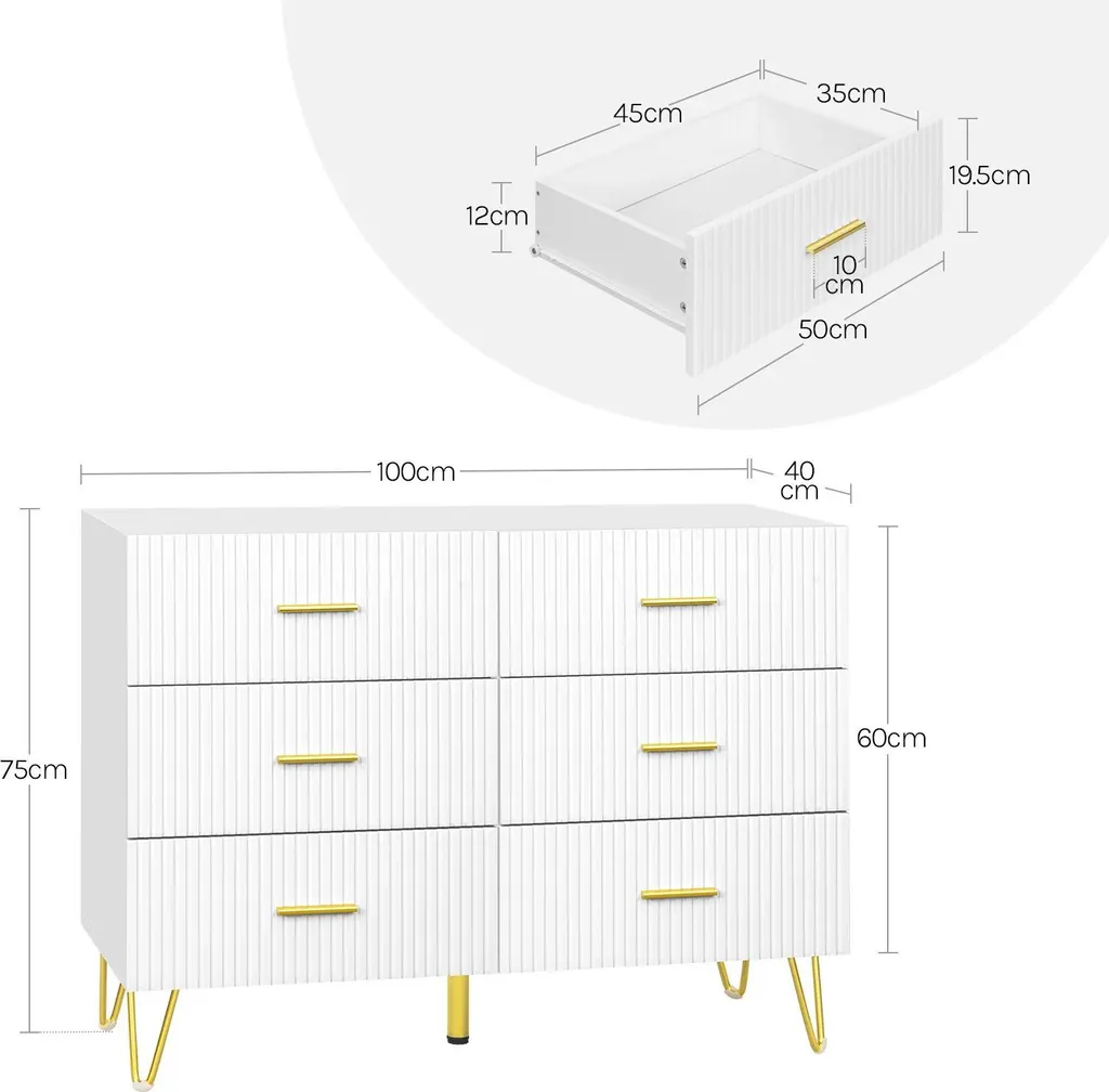 Meuble de rangement blanc 6 tiroirs avec finitions dorées luxueuses