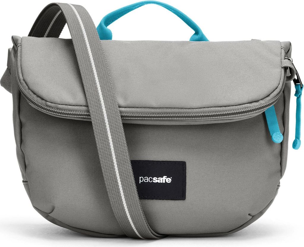 A gray Pacsafe bodybag with blue accents and a strap, shown against a white background.