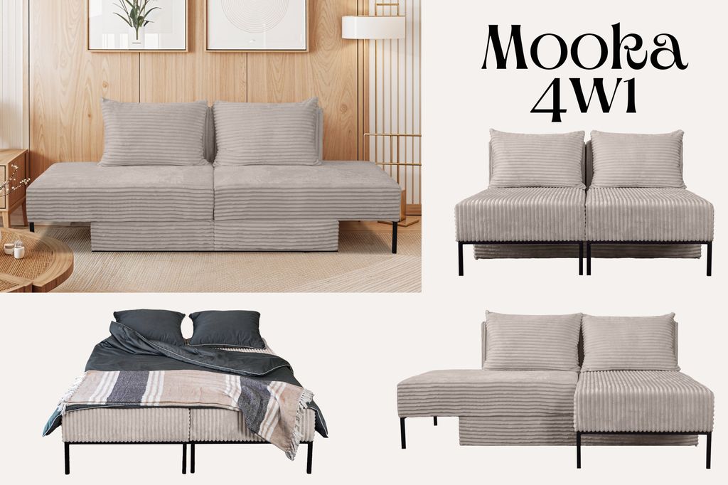 Kaiser Möbel Sofa mit schlaffunktion, Ecksofa, Betten, Liegestuhl, MOOKA 4in1-Multifunktions-System, stoff Velo Beige