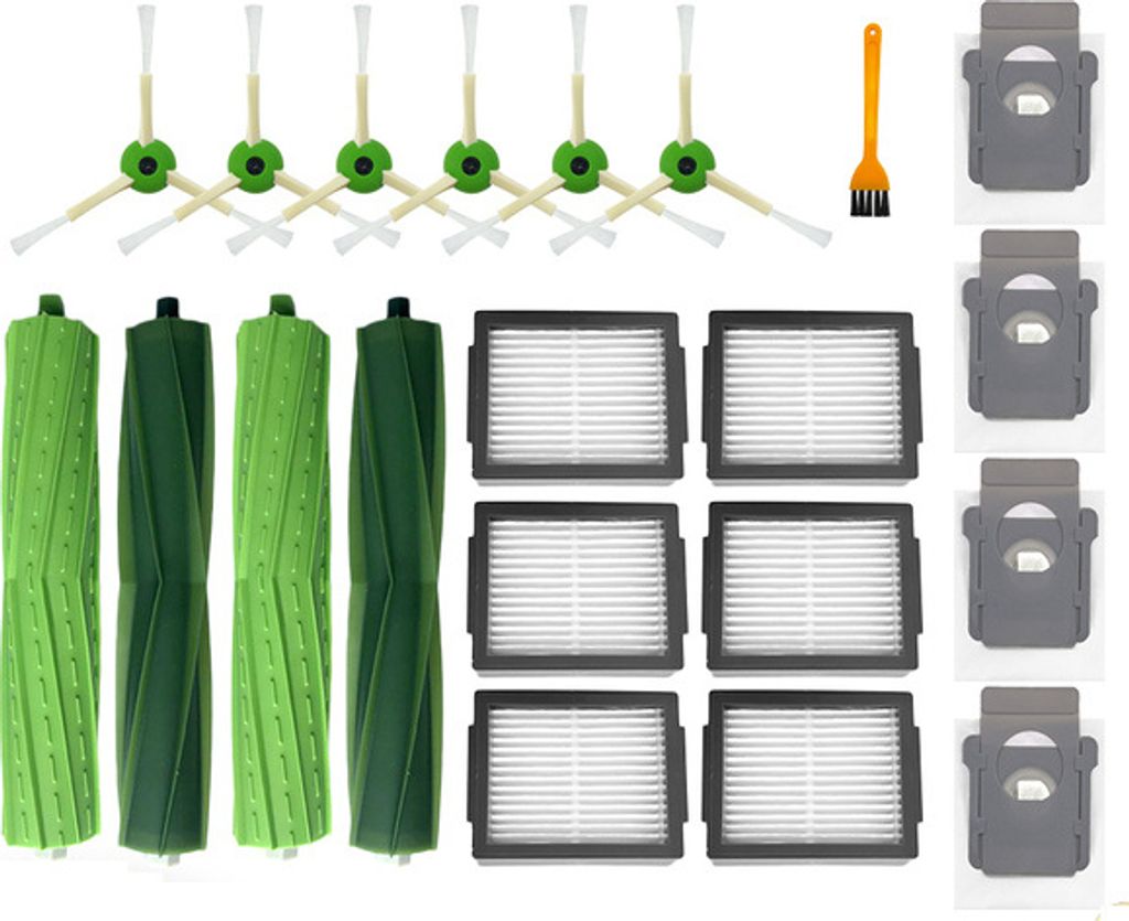 A collection of iRobot Roomba replacement parts, including brushes, filters, and dust bags, laid out on a white background.