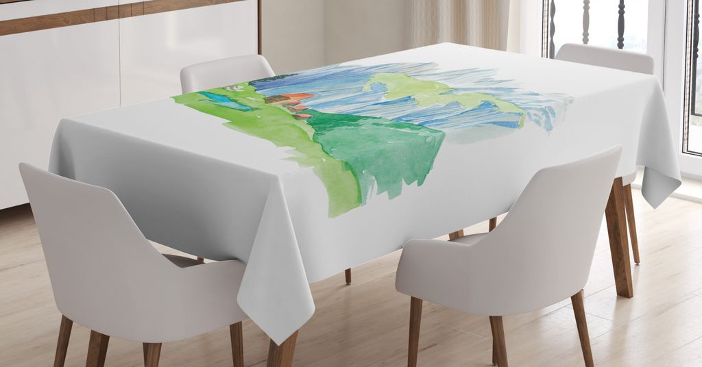 ABAKUHAUS Aquarell Tischdecke, Highland Bäume Häuser, Personalisierter Druck Klare Farben ohne Verblassen Waschbar für Außen Bereich, 140 x 200...
