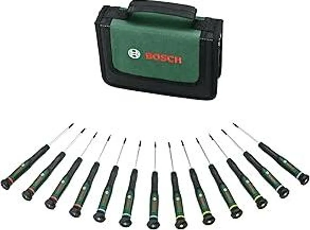 Set di cacciaviti di precisione Bosch, 13 pezzi (cacciaviti di precisione per il fai da te e il modellismo, acciaio S2, punte magnetiche, PH/SL/TX/HEX, dimensioni codificate a colori, impugnatura morbida)