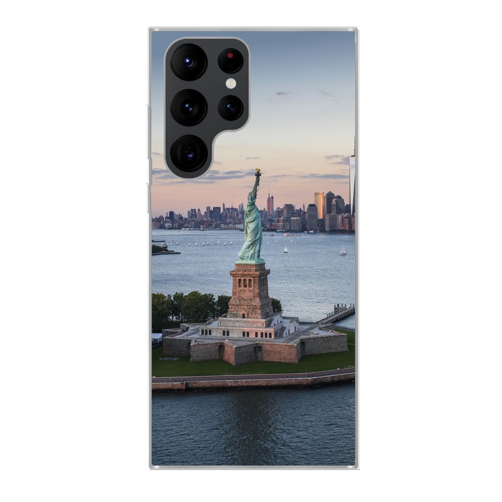 MuchoWow Handyhülle Schutzhülle Hülle für Samsung Galaxy S22 Ultra New York - Freiheitsstatue - Skyline Silikon Softcase Handy Hülle - Abbil...
