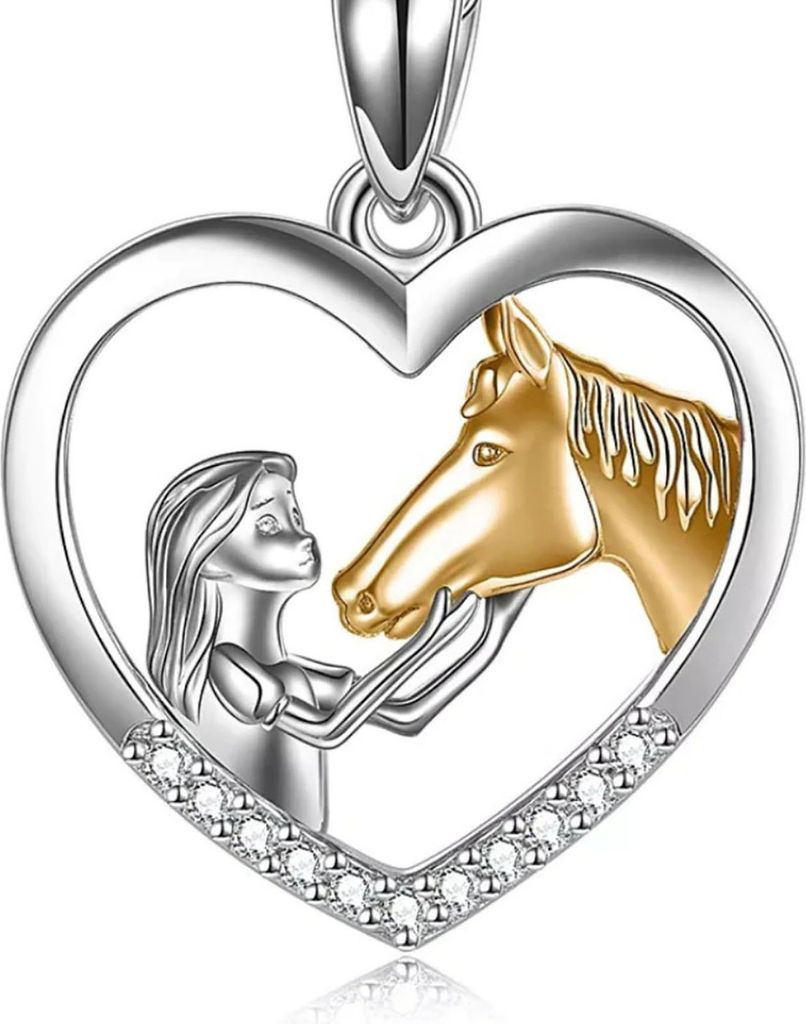Halskette Kette Persönlichkeit farblich passende eingelegte Strass Mädchen und Pferd Liebe Herz Anhänger Halskette Schmuck Zubehör-Golden