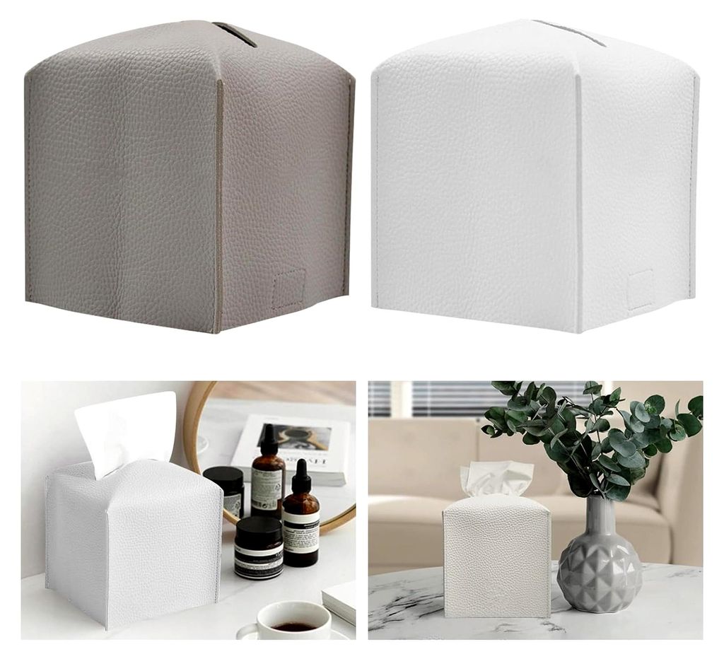 Taschentuchbox & Kosmetiktücherbox, Leder, Quadratisch, Faltbarer Organizer mit Dekorativem Spender (Weiß, Grau)