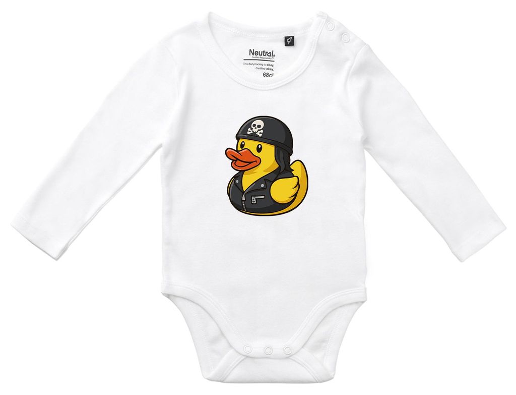 Huuraa Baby Body Quietscheente Biker Gummiente Rocker 74 White Baumwolle Fairtrade Langarmbody Geschenkidee