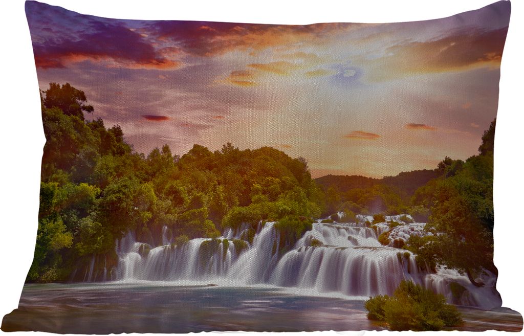 MuchoWow Outdoor Kissen - Wasserfall - Landschaft - Sonne - Wolken - Sonnenuntergang - 60x40 cm - Wetterfest - Lounge Kissen - Zierkissen - Kisse...