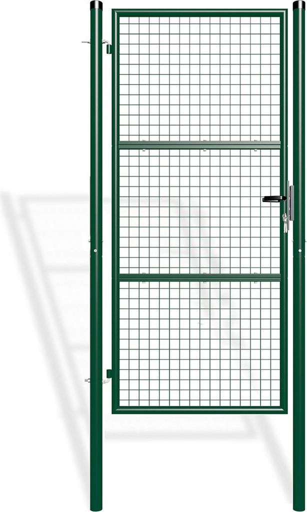 A green metal garden gate with a mesh infill.