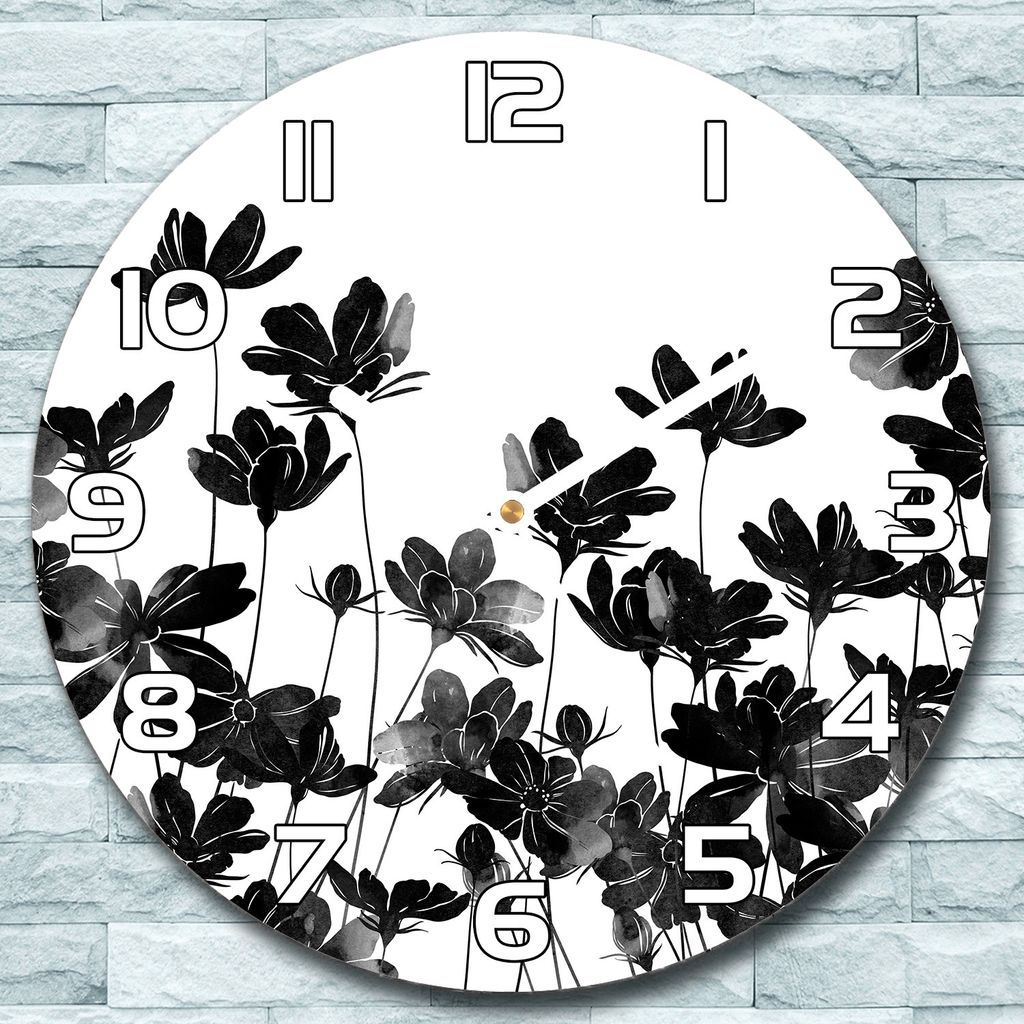 Wanduhr aus Glas Rund fi 30 Blumen Wiese Schwarz Quarz Deko Schlafzimmer Büro