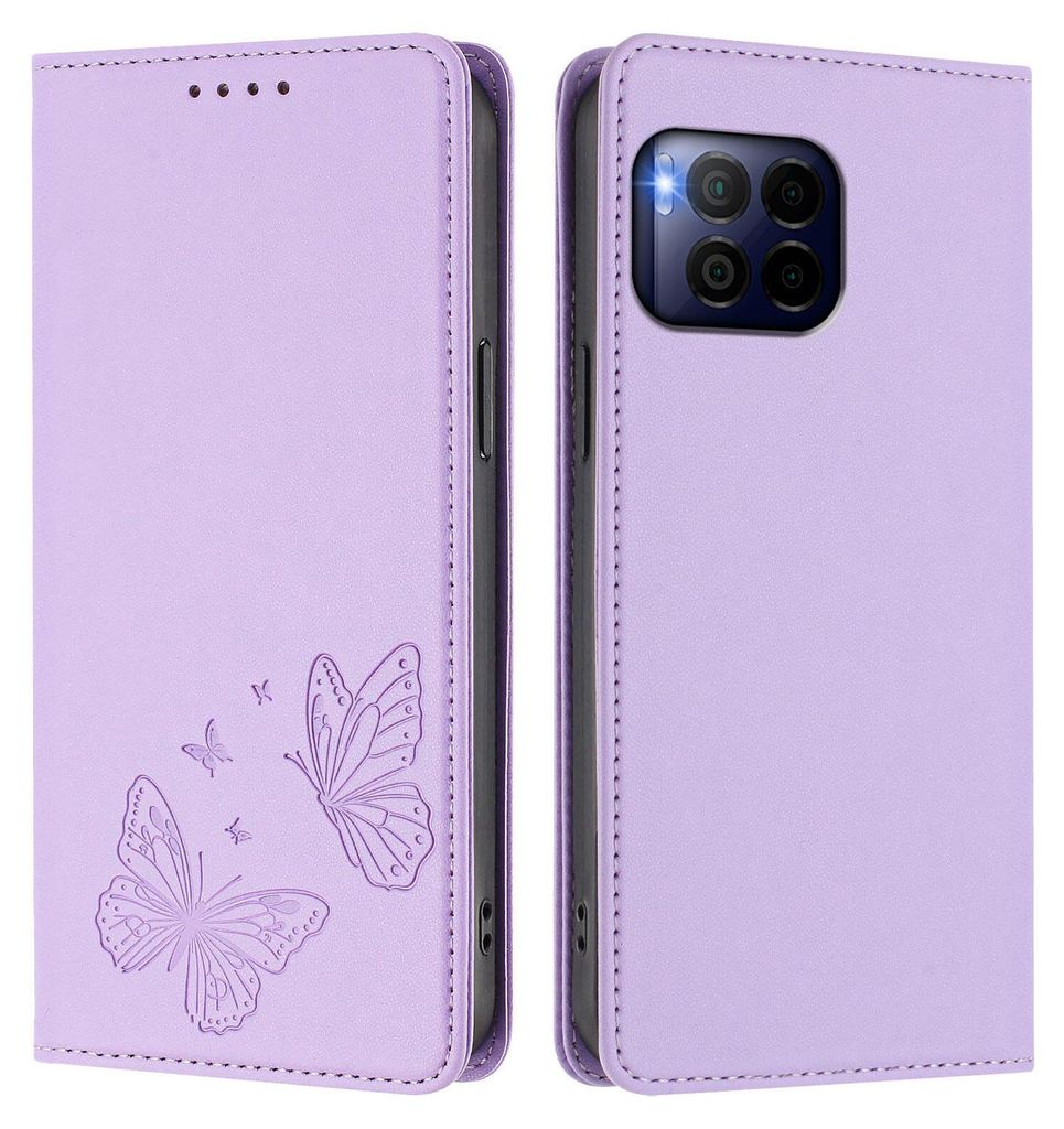 Lederhülle für T-Mobile REVVL 7 Pro, Schmetterling Prägung Leder Brieftasche Schutzhülle mit Ständer Violett