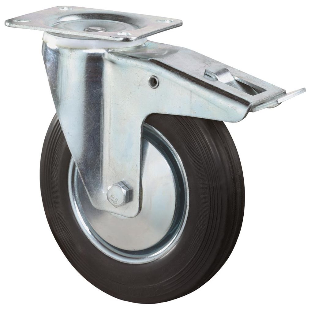 Transportgeräte-Lenkrolle m. Festst., Gummi schwarz, Durchm. 180 mm, Traglast 170 kg, Rollenlager, Anschraubplatte