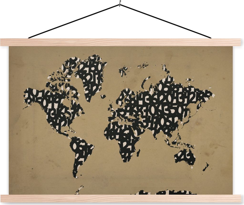 MuchoWow Textilposter Weltkarte - Zahlen - Braun 120x80 cm mit holzfarbenen Rahmen - Aufhängeset