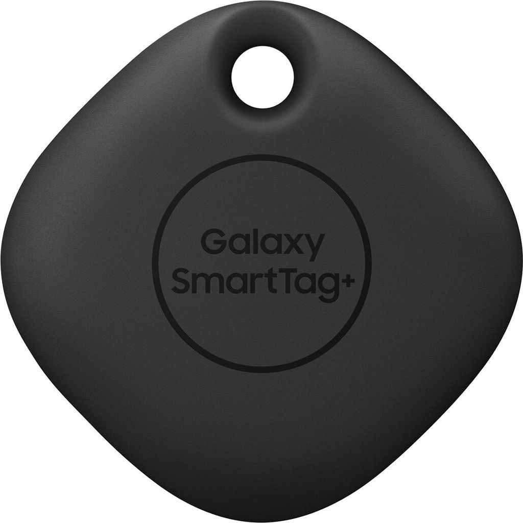 A black Samsung Galaxy SmartTag+ is shown from a top-down perspective against a white background.