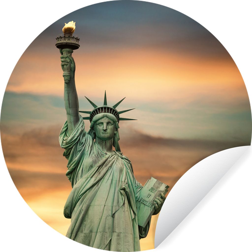 MuchoWow Runde Wandtattoo - Wandsticker Tapete Aufkleber Freiheitsstatue bei Sonnenuntergang Ø 100 cm Selbstklebend und Repositionierbar - Wanda...