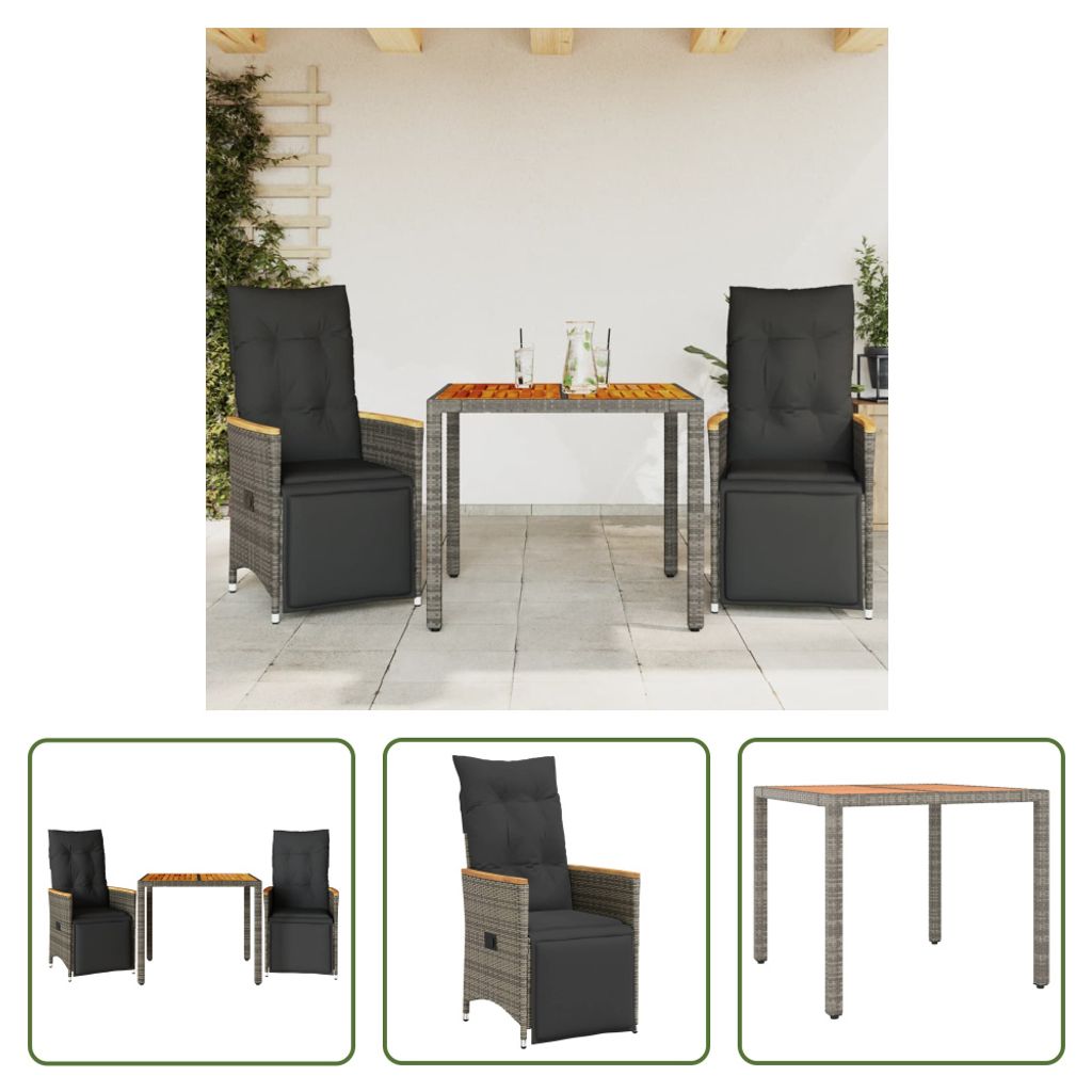 The Living Store 3-tlg. Garten-Bistro-Set mit Kissen Grau Poly Rattan