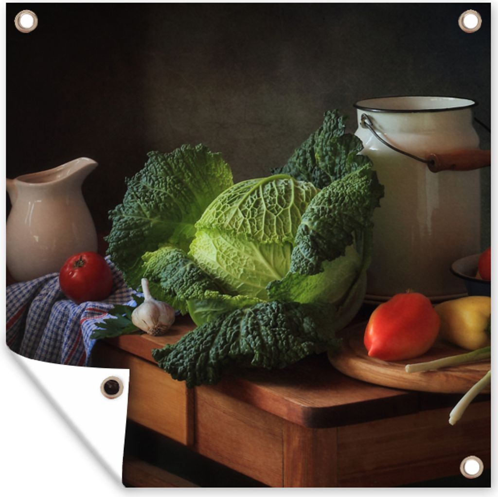 MuchoWow 100x100 cm Outdoor-Poster Gartendeko Sichtschutz Garten Poster für den Garten Stilleben - Kohl - Milchkännchen