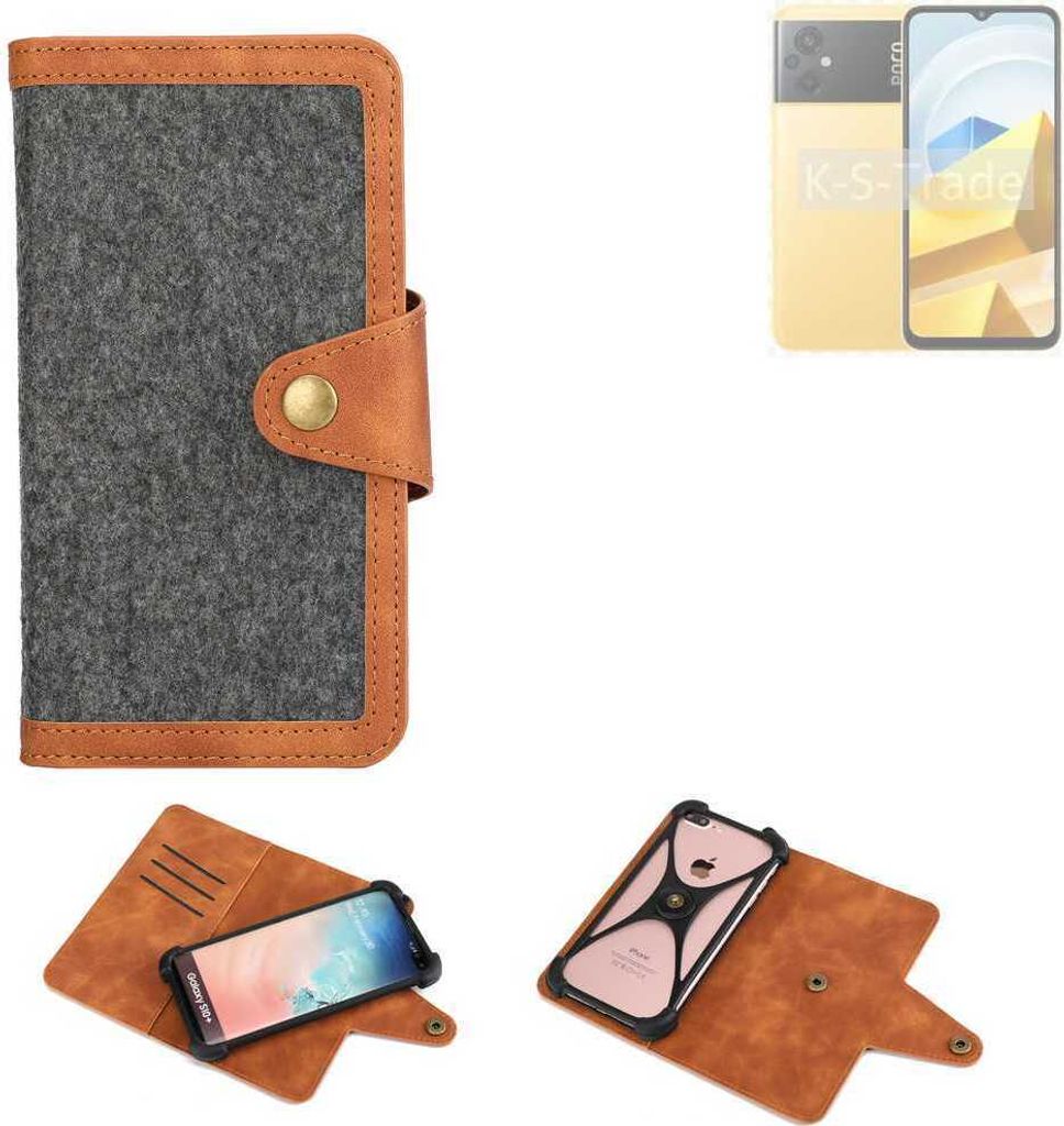 K-S-Trade Schutzhülle Handyhülle kompatibel mit POCO M5 Filz Hülle Kunst-Leder dunkelgrau braun (1x)