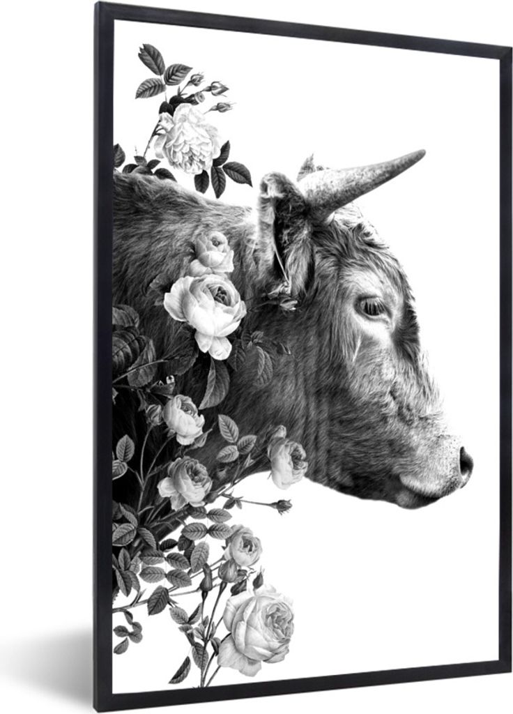 MuchoWow Gerahmtes Poster Seitenansicht eines schottischen Highlanders mit Blumen - schwarz und weiß 40x60 cm - Poster mit Schwarzem Bilderrahme...