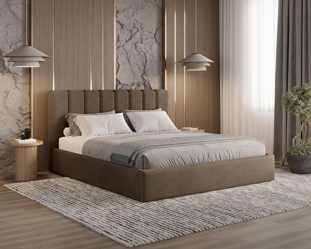 BESILIO Polsterbett mit Stauraum 200x200 Nuvia – schlankes Bett mit weichem Kopfteil und Metallrahmen – Braun