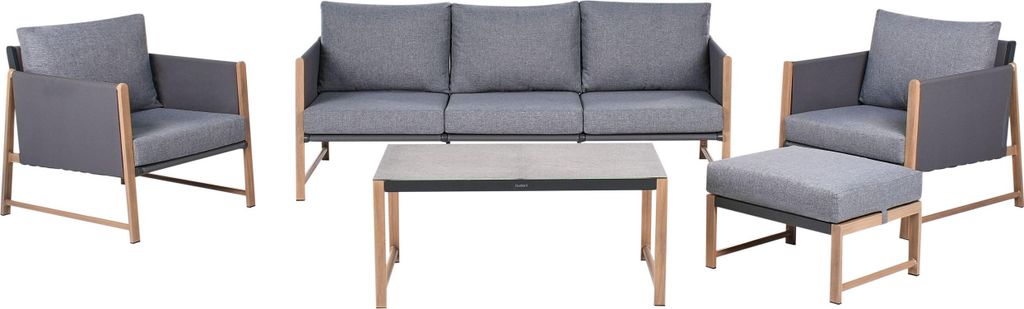 BELIANI Gartensofa-Set für 5 Personen mit grauem Metallgestell in Holzoptik, Glas-Tischplatte, 3-Sitzer-Sofa, Ottomane und Sesseln mit Kissen im m...