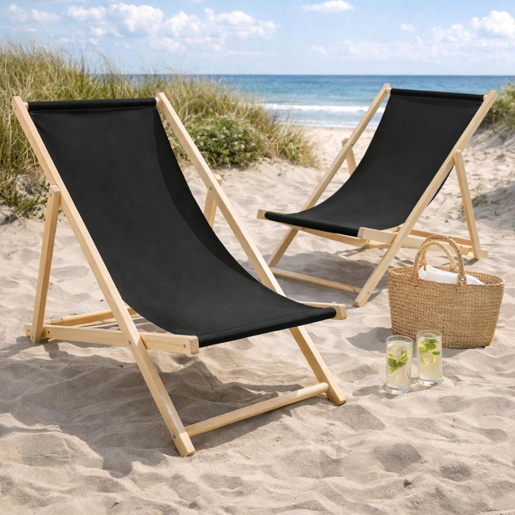 2er Set Liegestuhl Doppelpack Strandliege Liege Stuhl Strand Sonnenliege Gartenliege Klappstuhl Schwarz