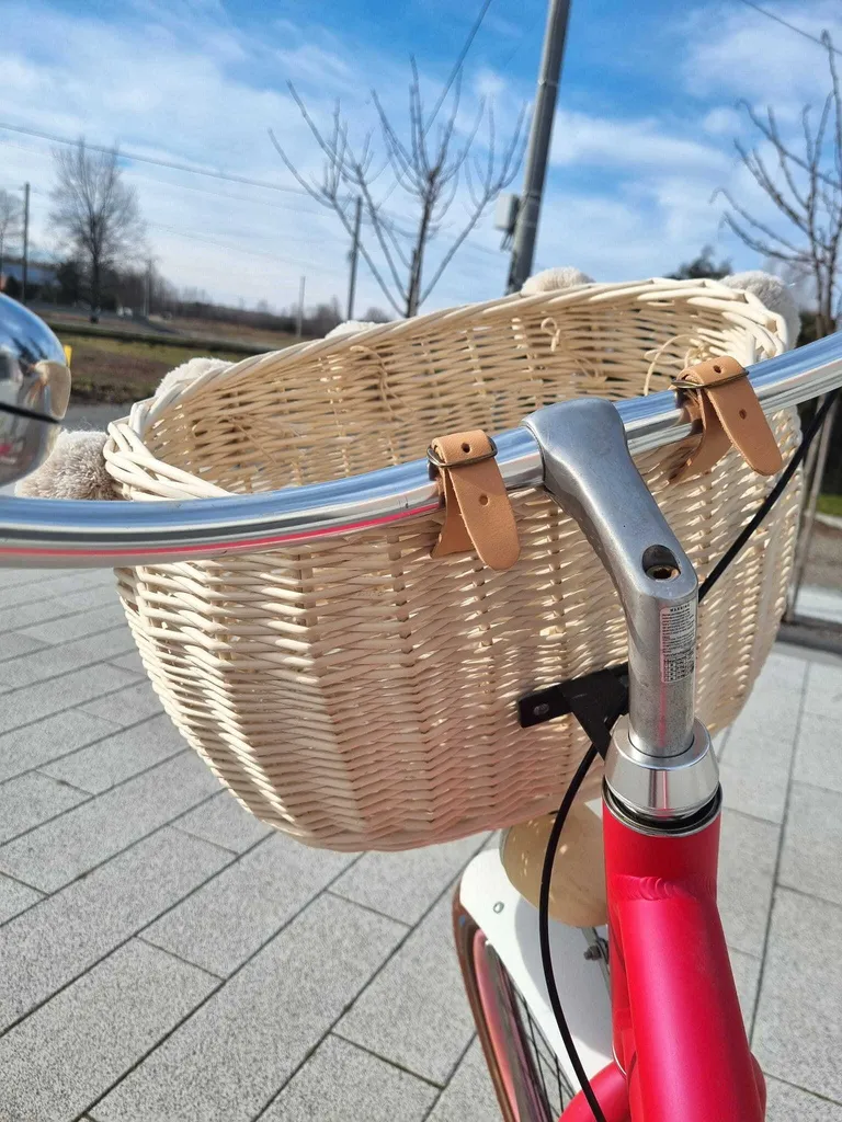 WikliBOX Panier de vélo en osier écru Dumpy grand format avec pompons