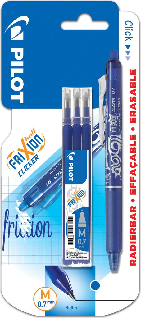 Pilot - Gelroller Frixion Ball Clicker, 4er Blister (1 Gelroller + 3 Nachfüllungen), blau